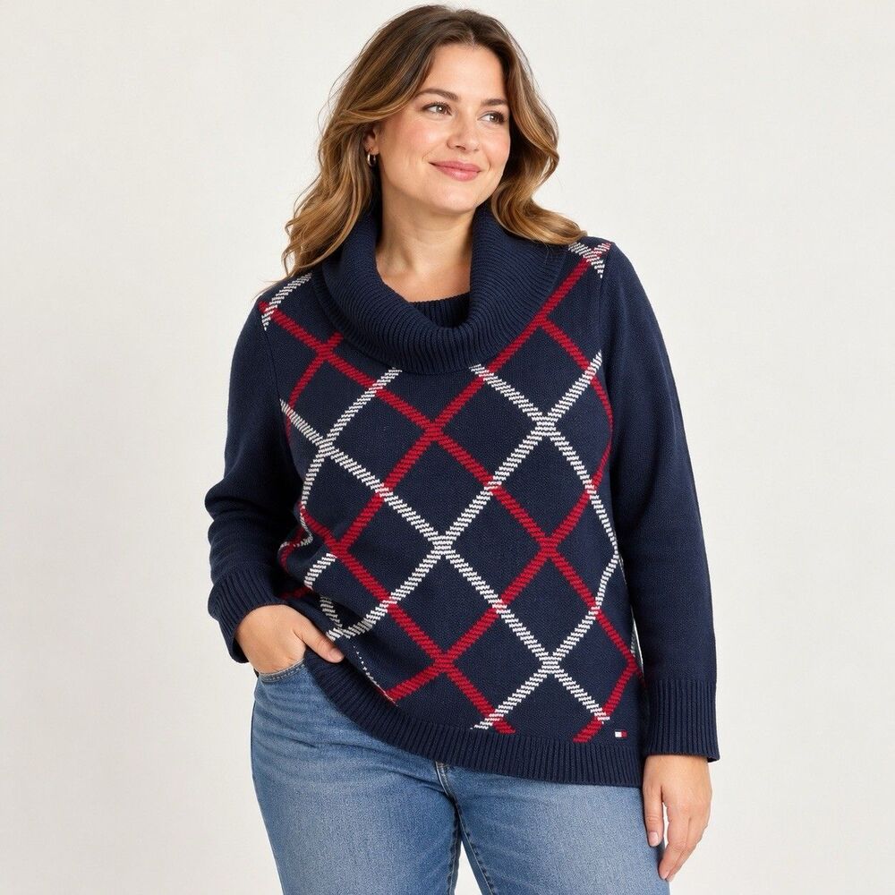 Tommy Hilfiger Women's XL Navy Argyle Cowl Neck Sweater Preppy Coastal Knit